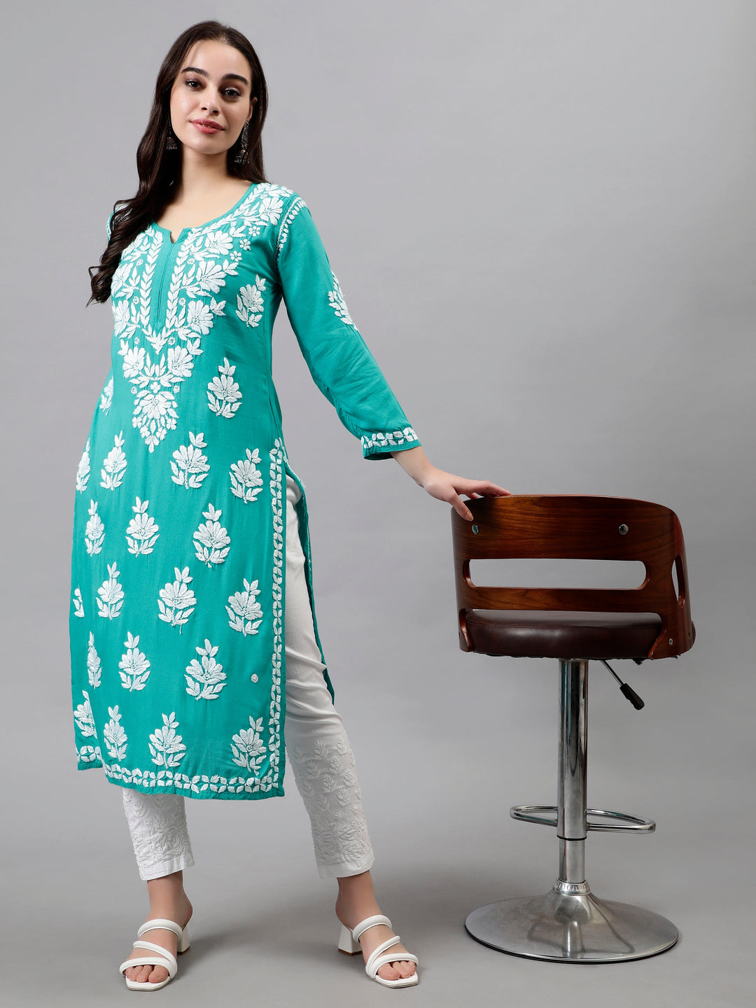 Turquoise-Green-Rayon-Hand-Embroidered-Chikankari-Kurti