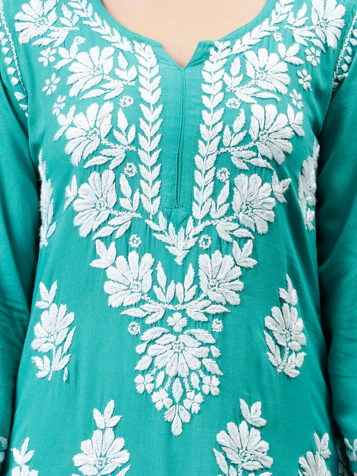 Turquoise-Green-Rayon-Hand-Embroidered-Chikankari-Kurti