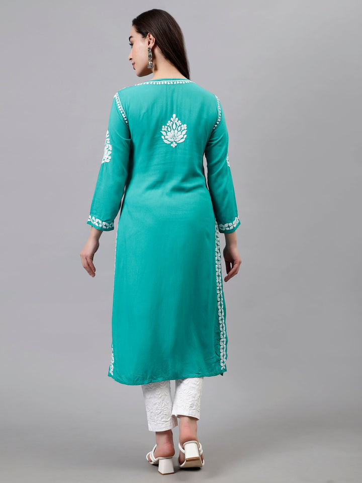 Turquoise-Green-Rayon-Hand-Embroidered-Chikankari-Kurti