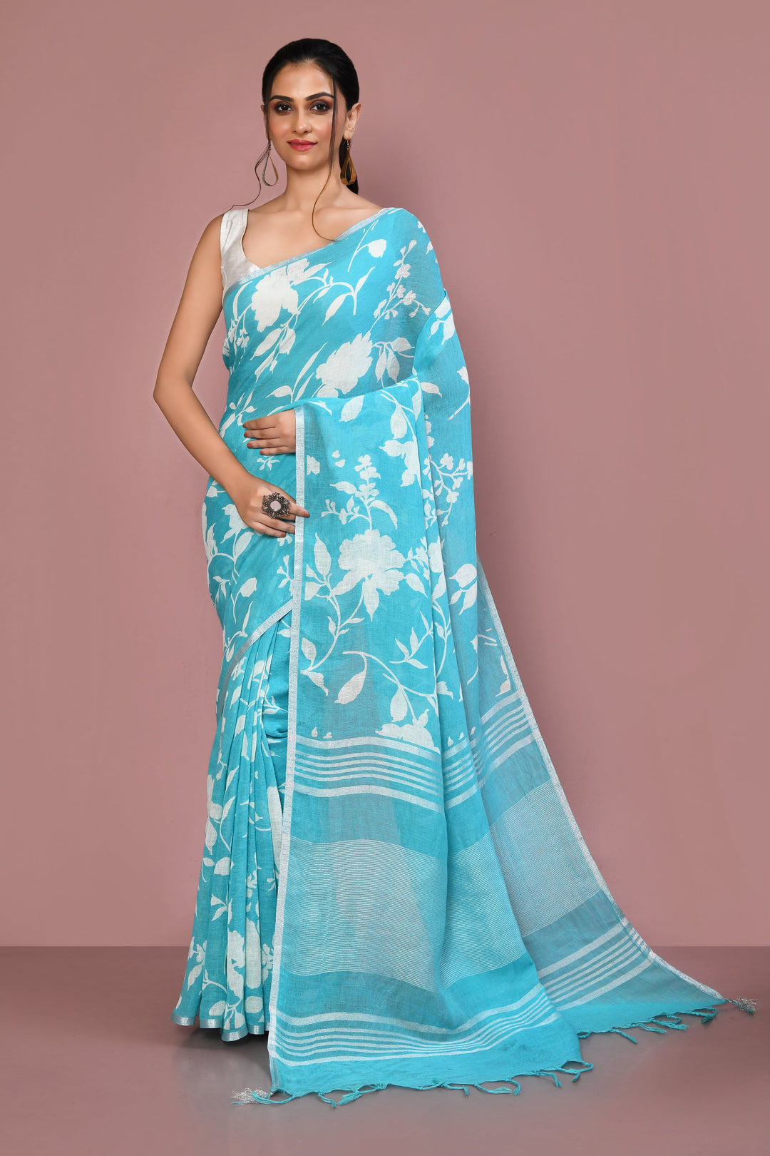 Turquoise & White Floral Print Linen Cotton Saree