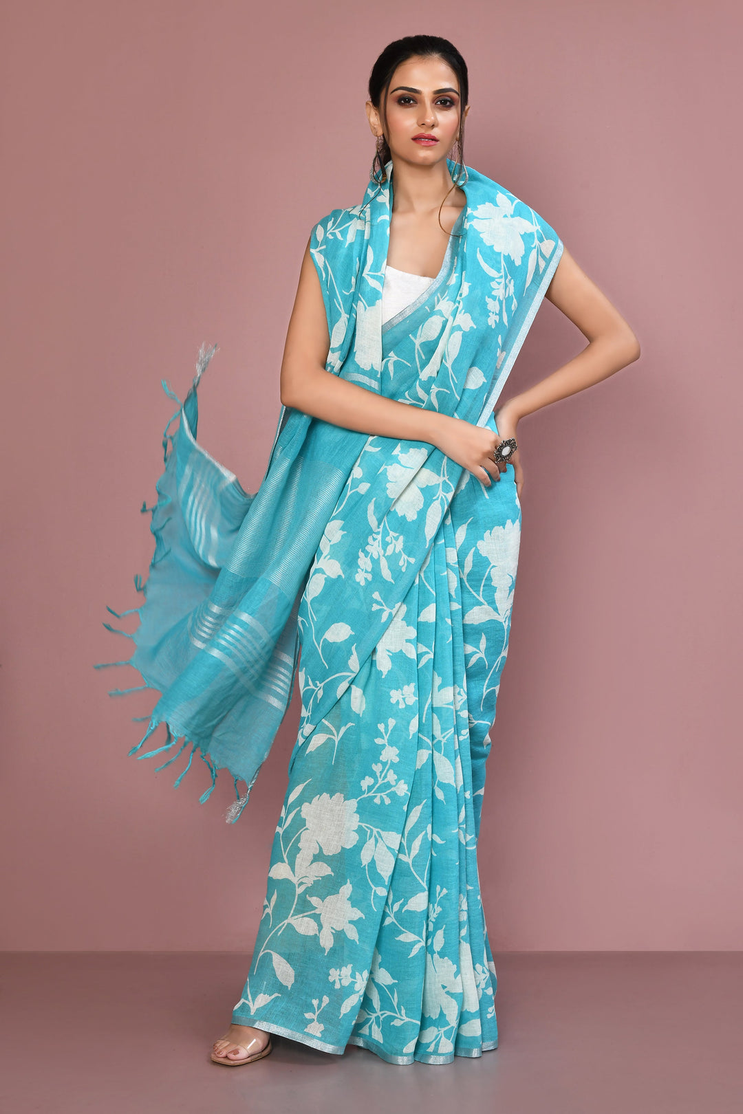 Turquoise & White Floral Print Linen Cotton Saree