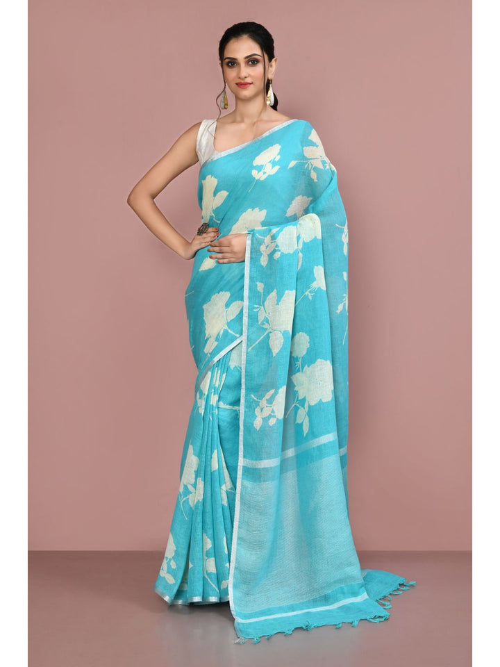 ZERESOUQ-Turquoise-&-White-Rose-Print-Linen-Cotton-Saree