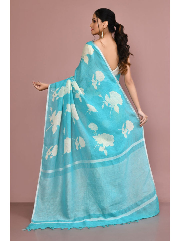 ZERESOUQ-Turquoise-&-White-Rose-Print-Linen-Cotton-Saree