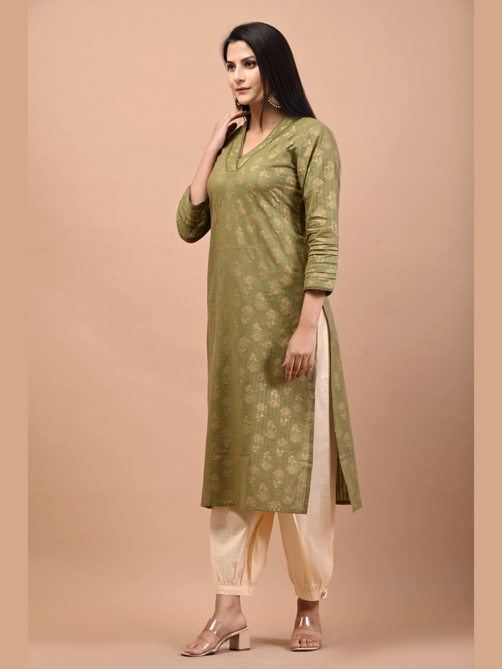 Olive-Gold-Prints-Kurta-ZereK002