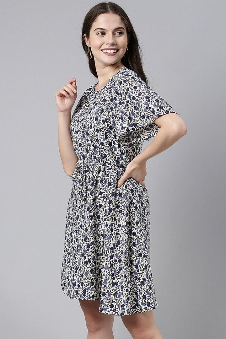 White Polyester Dress with Crowded Blue Floral Prints