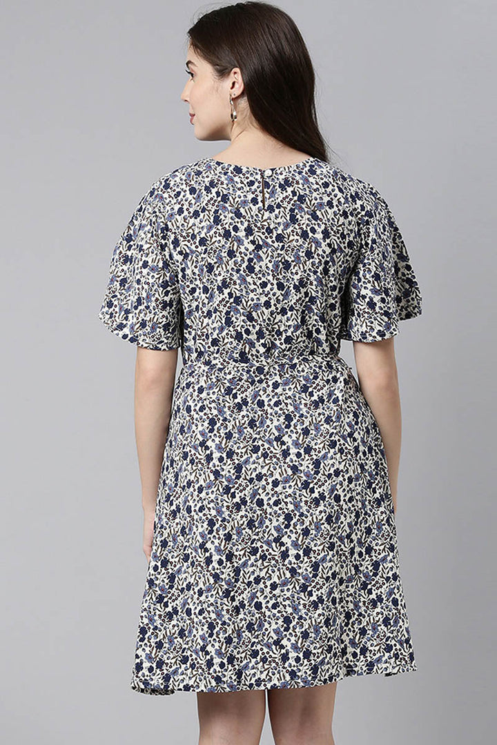White Polyester Dress with Crowded Blue Floral Prints