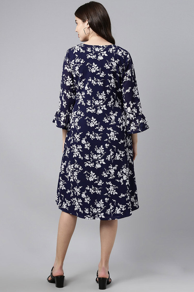 Dark Blue Chiffon Floral Printed High-Low Hem Dress