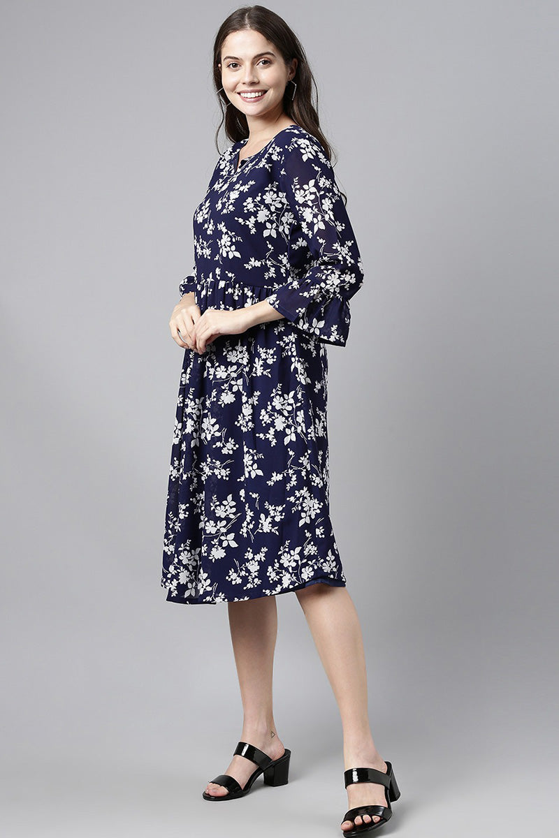 Dark Blue Chiffon Floral Printed High-Low Hem Dress