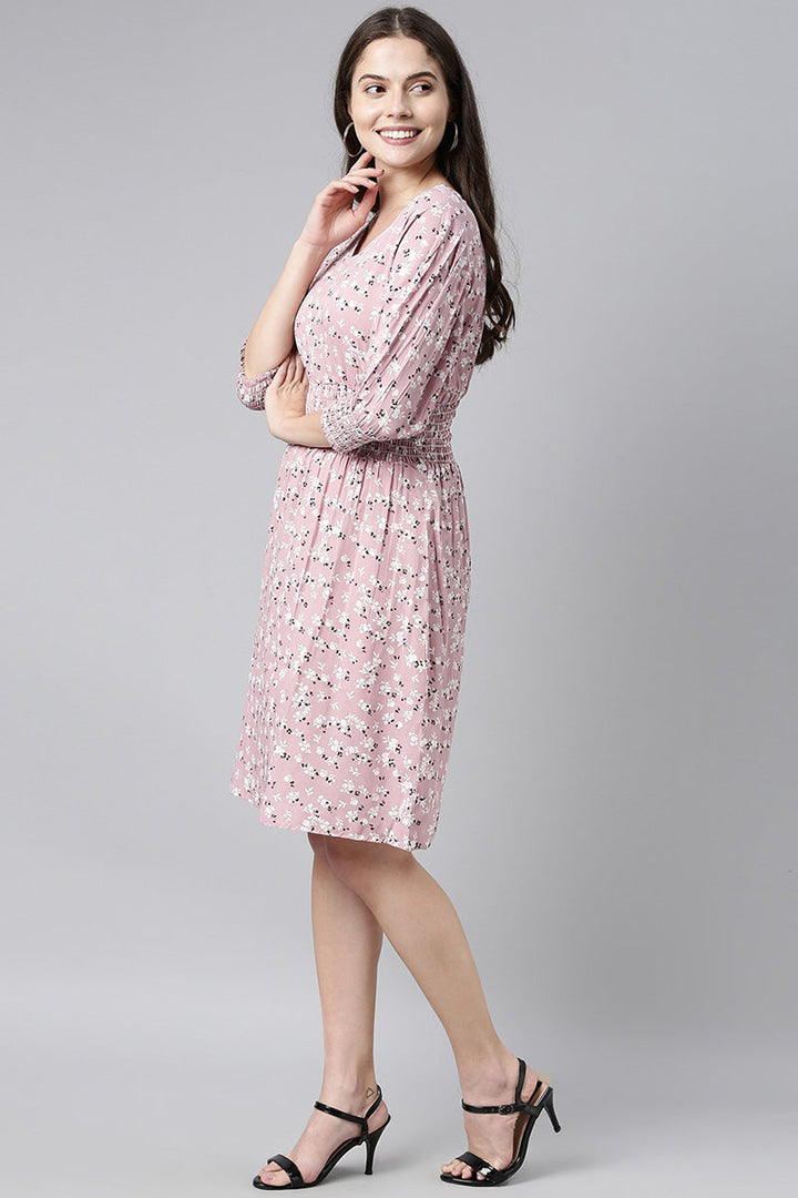 Pink Crepe Floral Printed Dress with Elastic Sleeve Cuffs