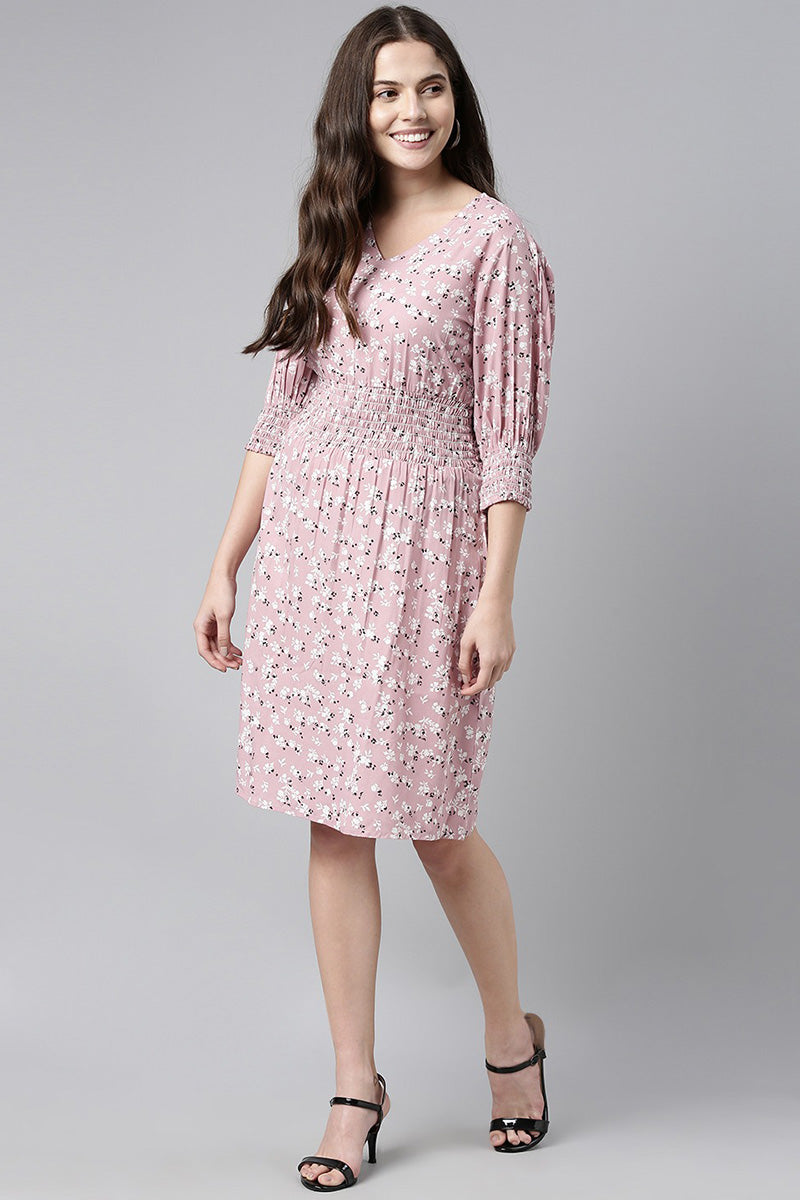 Pink Crepe Floral Printed Dress with Elastic Sleeve Cuffs