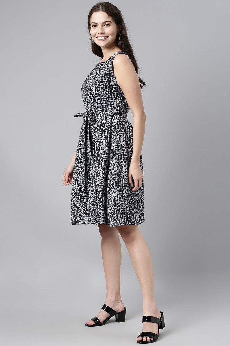 Black Crepe Abstract Printed Sleeveless Mini Dress