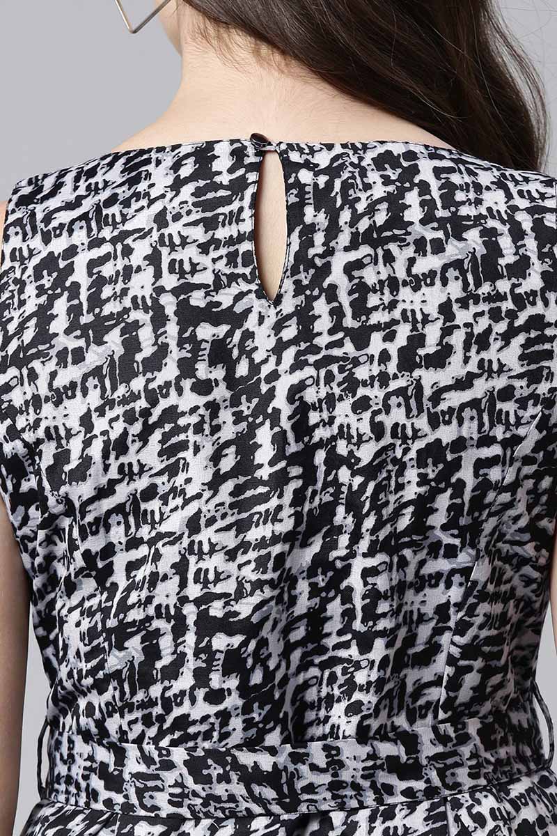 Black Crepe Abstract Printed Sleeveless Mini Dress