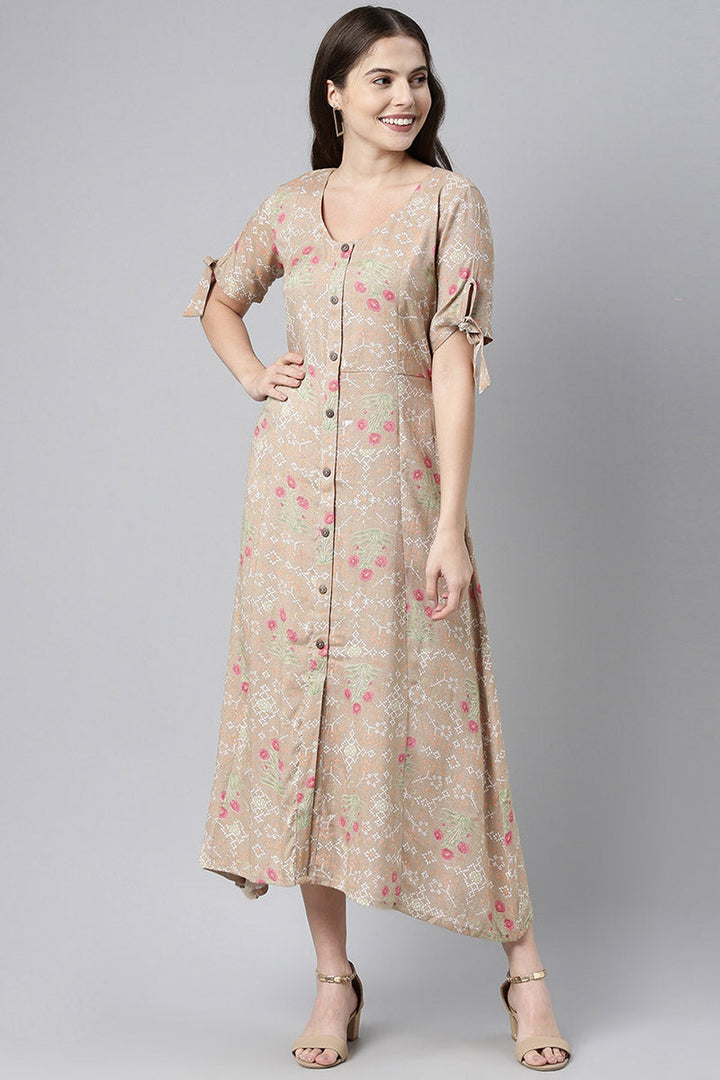 ZERESOUQ-Taupe-Cotton-Floral-Printed-Maxi-Shirt-Dress