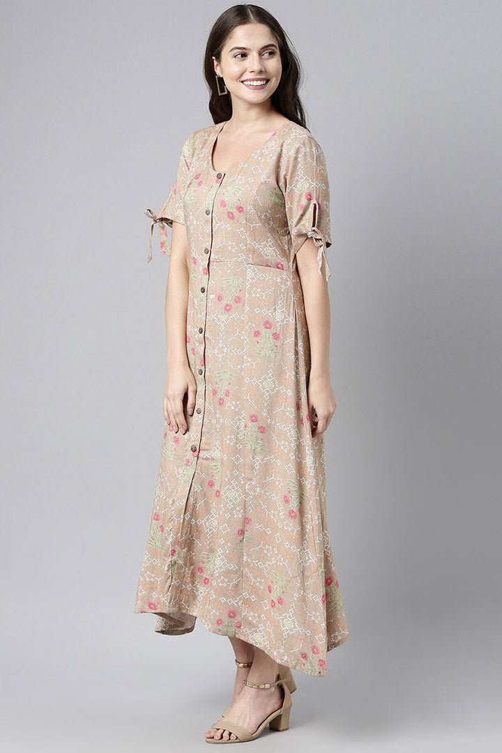 ZERESOUQ-Taupe-Cotton-Floral-Printed-Maxi-Shirt-Dress