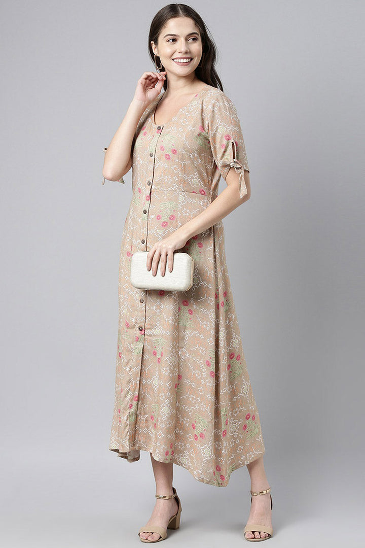 ZERESOUQ-Taupe-Cotton-Floral-Printed-Maxi-Shirt-Dress