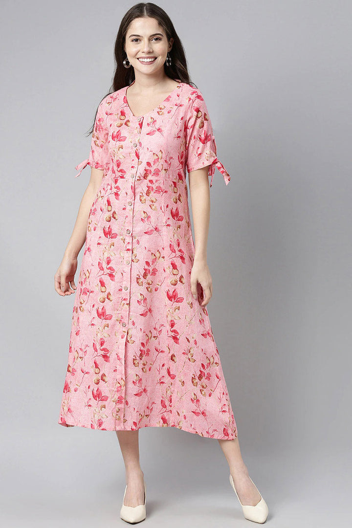 Pink Cotton Floral Printed Maxi Shirt Dress