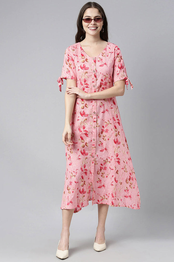 Pink Cotton Floral Printed Maxi Shirt Dress