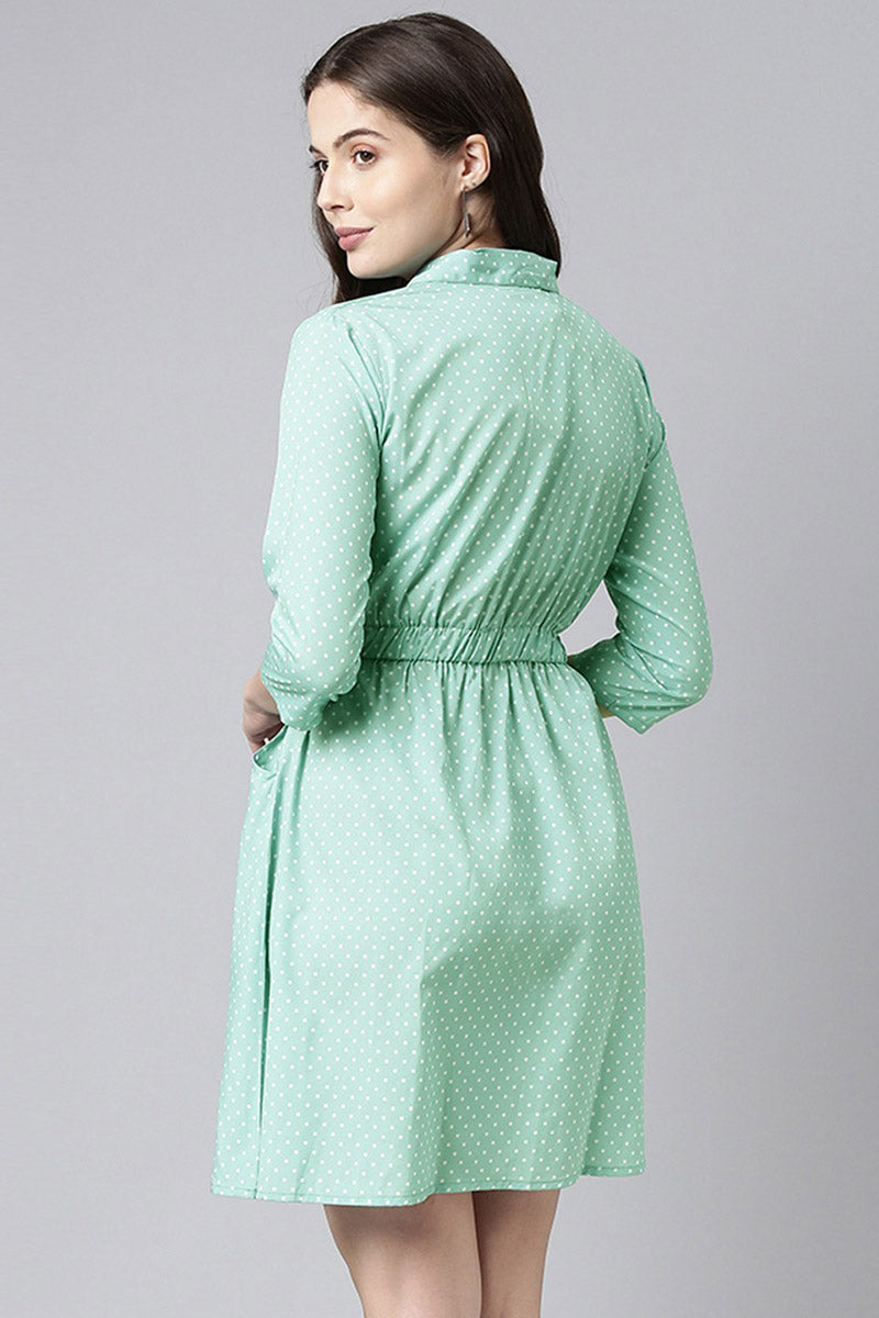 Green Crepe Polka Dots Printed Mini Dress