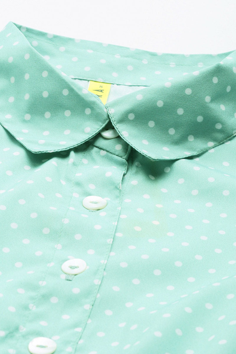 Green Crepe Polka Dots Printed Mini Dress