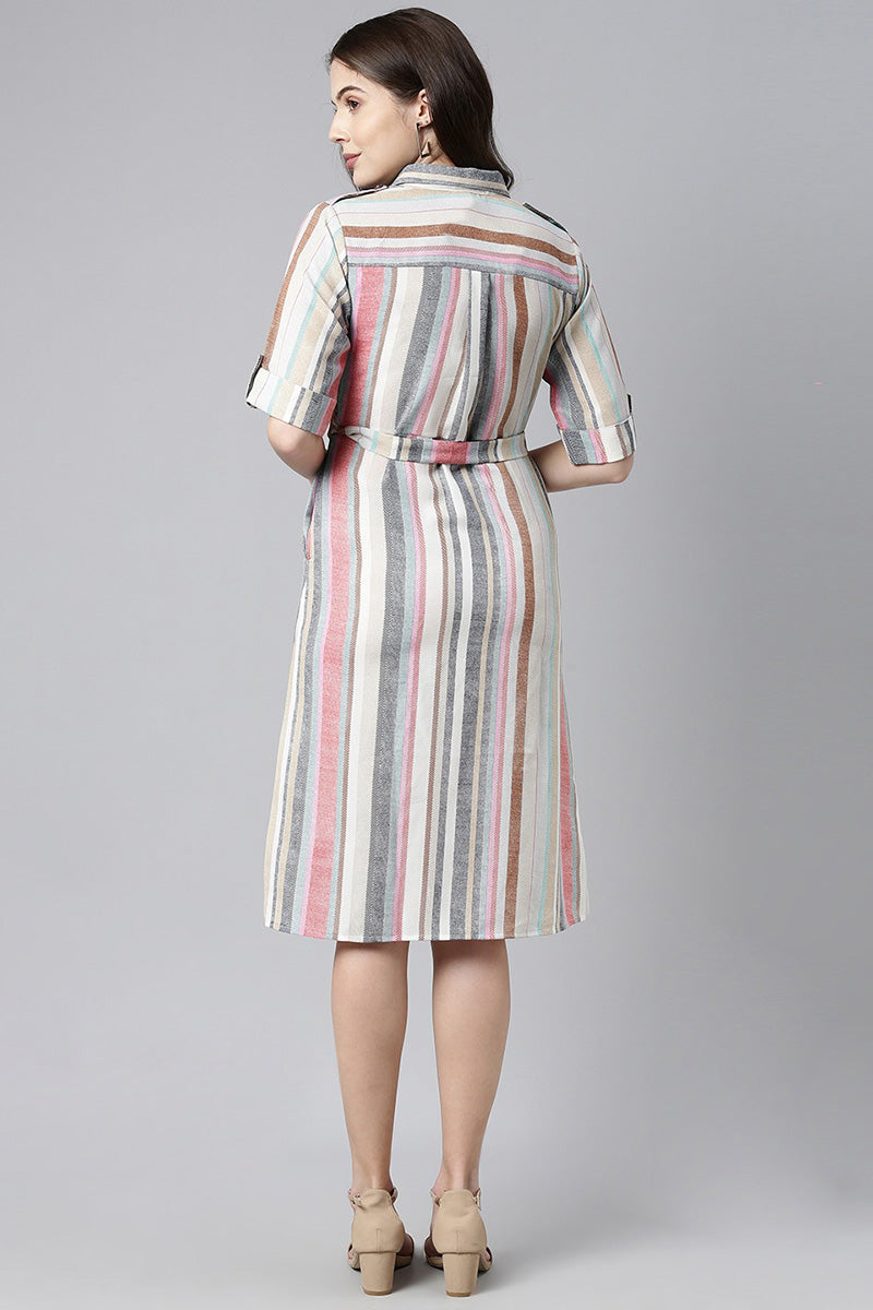 Multicolor Georgette Stripe Print Midi Dress with Waist Belt