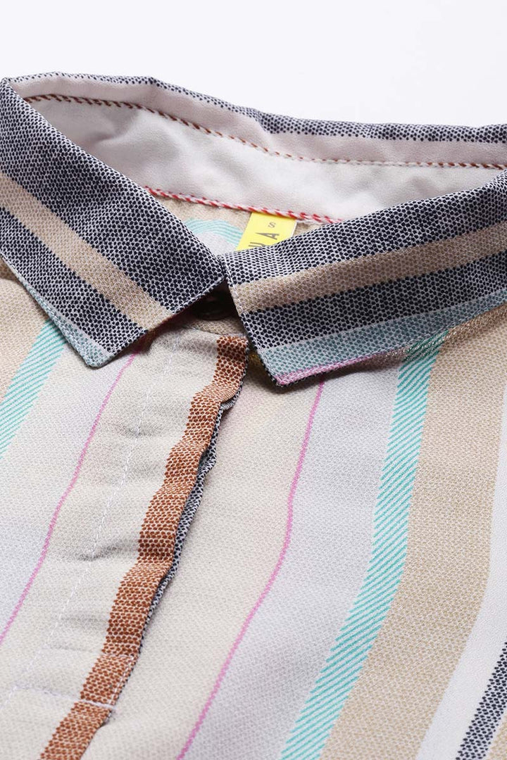 Multicolor Georgette Stripe Print Midi Dress with Waist Belt