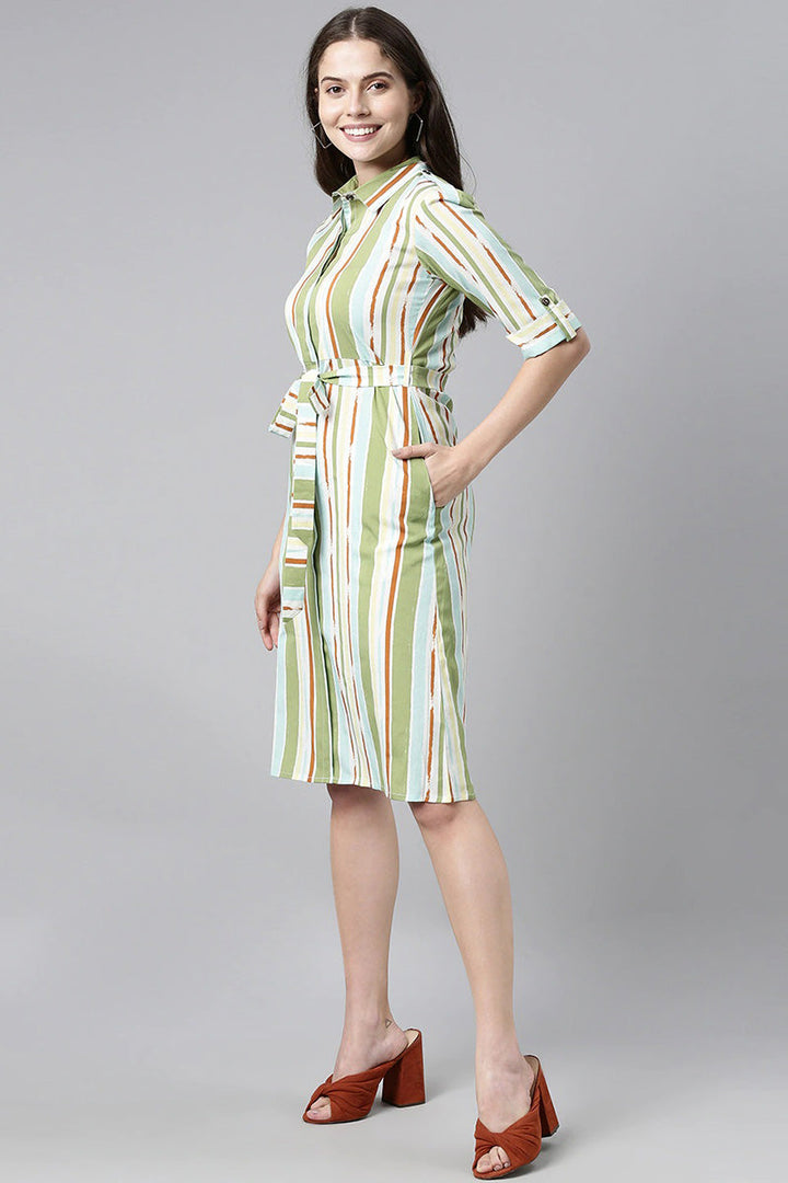 Green Georgette Stripe Print Midi Dress with Waist Belt
