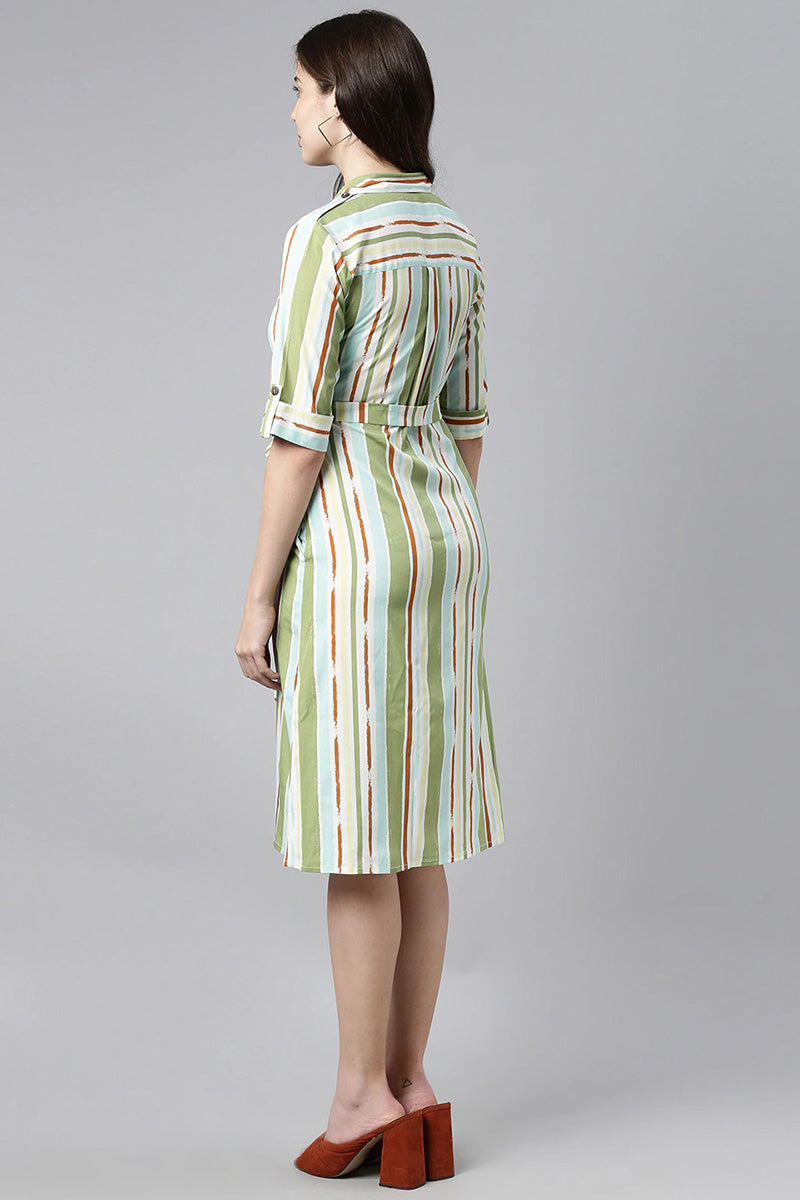 Green Georgette Stripe Print Midi Dress with Waist Belt