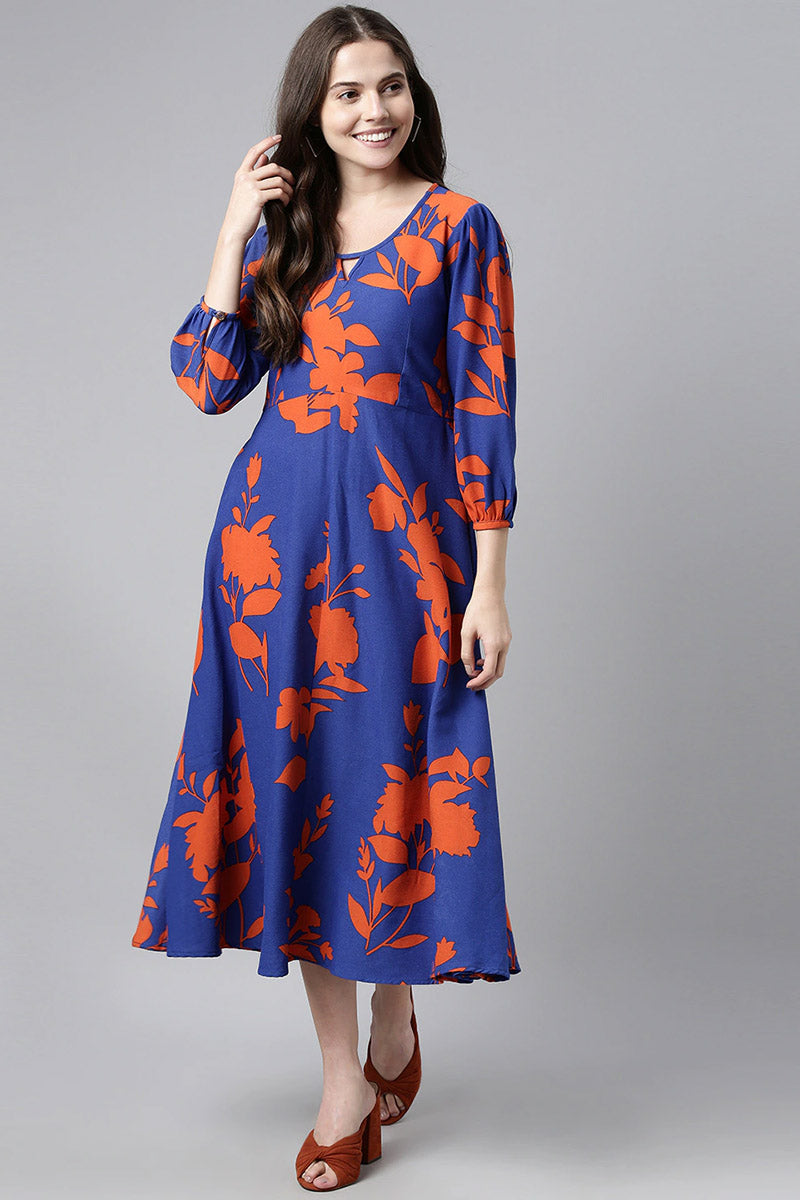 ZERESOUQ-Admiral-Blue-Georgette-Dress-in-Orange-Floral-Prints
