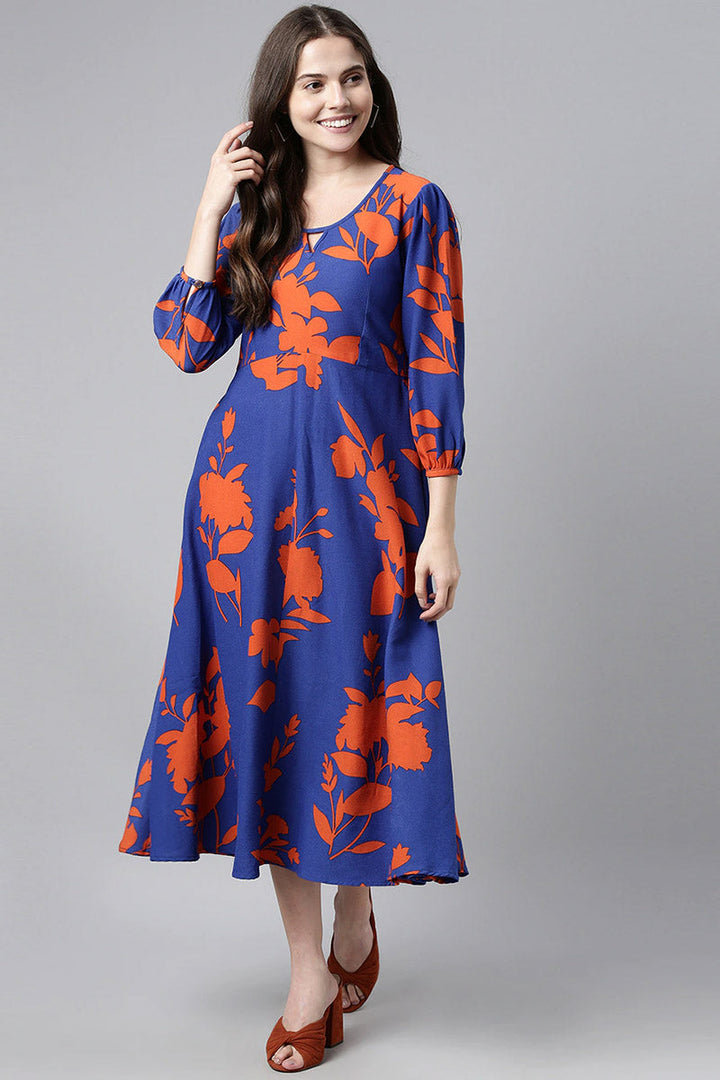 ZERESOUQ-Admiral-Blue-Georgette-Dress-in-Orange-Floral-Prints