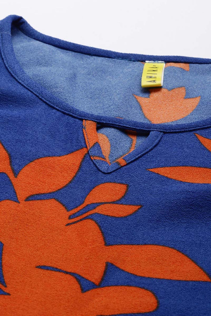 ZERESOUQ-Admiral-Blue-Georgette-Dress-in-Orange-Floral-Prints