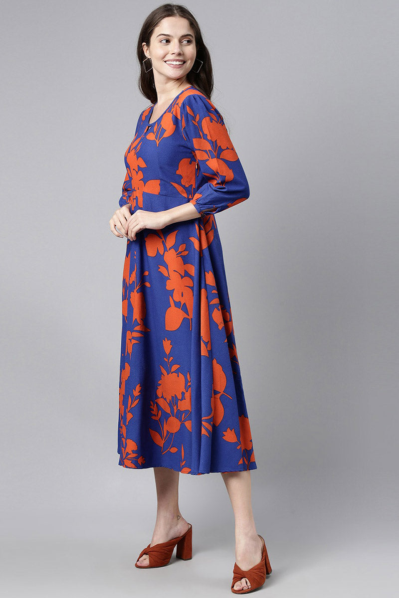 ZERESOUQ-Admiral-Blue-Georgette-Dress-in-Orange-Floral-Prints