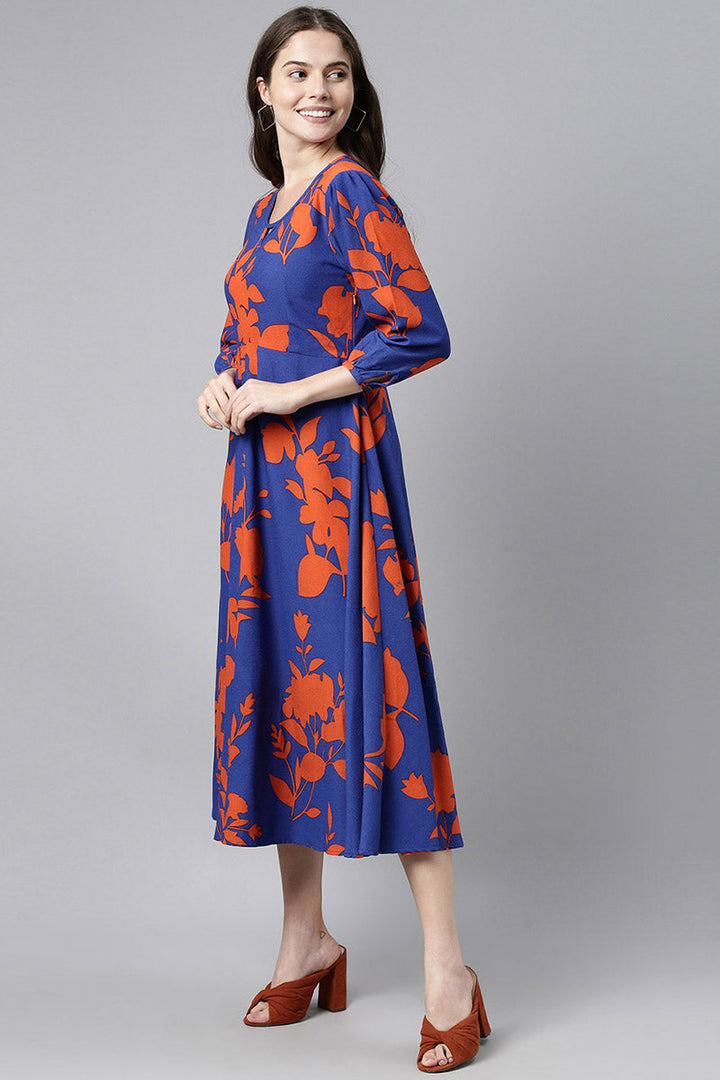 ZERESOUQ-Admiral-Blue-Georgette-Dress-in-Orange-Floral-Prints