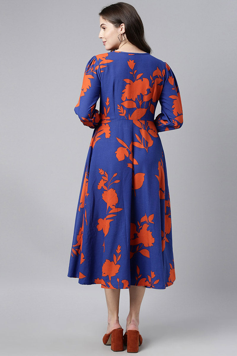 ZERESOUQ-Admiral-Blue-Georgette-Dress-in-Orange-Floral-Prints