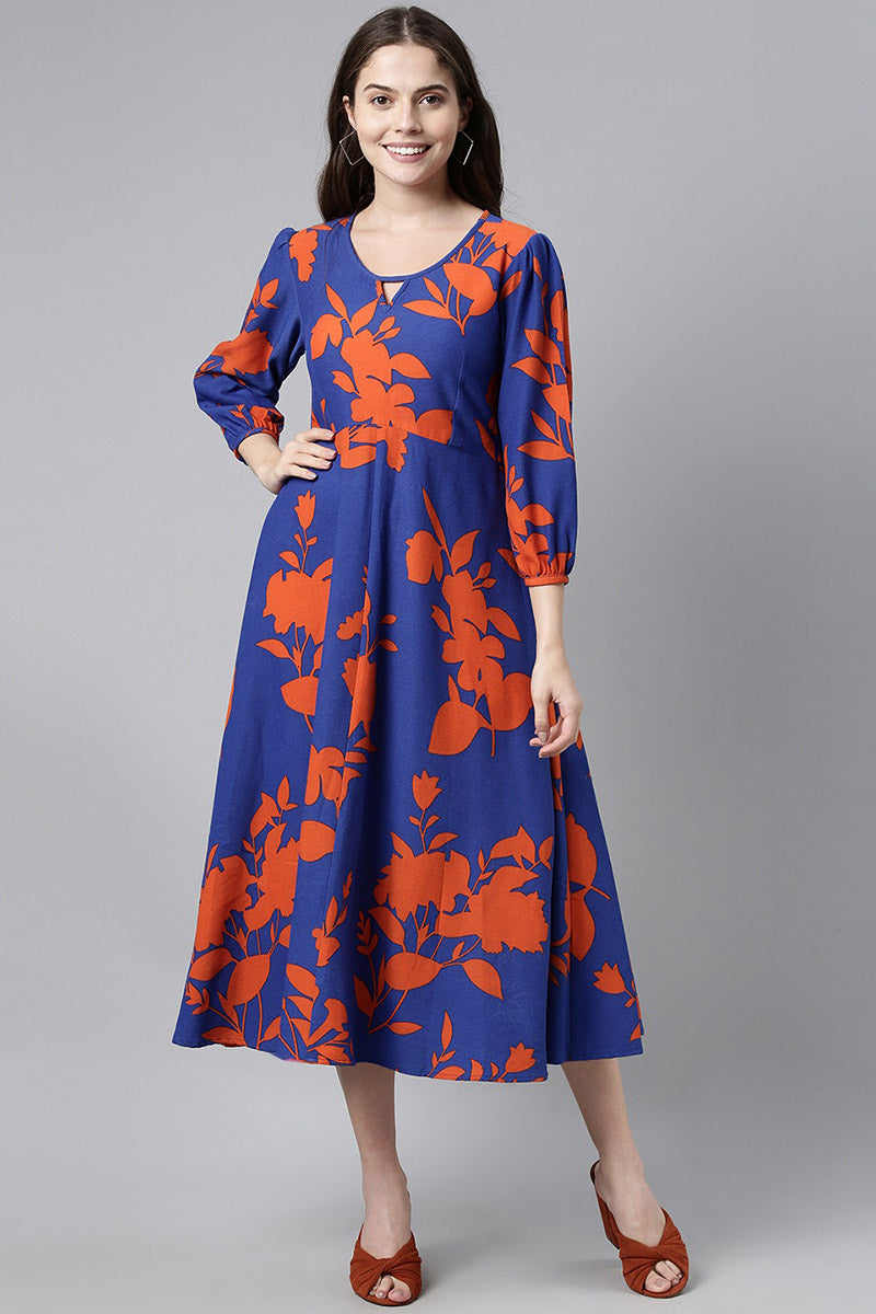 ZERESOUQ-Admiral-Blue-Georgette-Dress-in-Orange-Floral-Prints