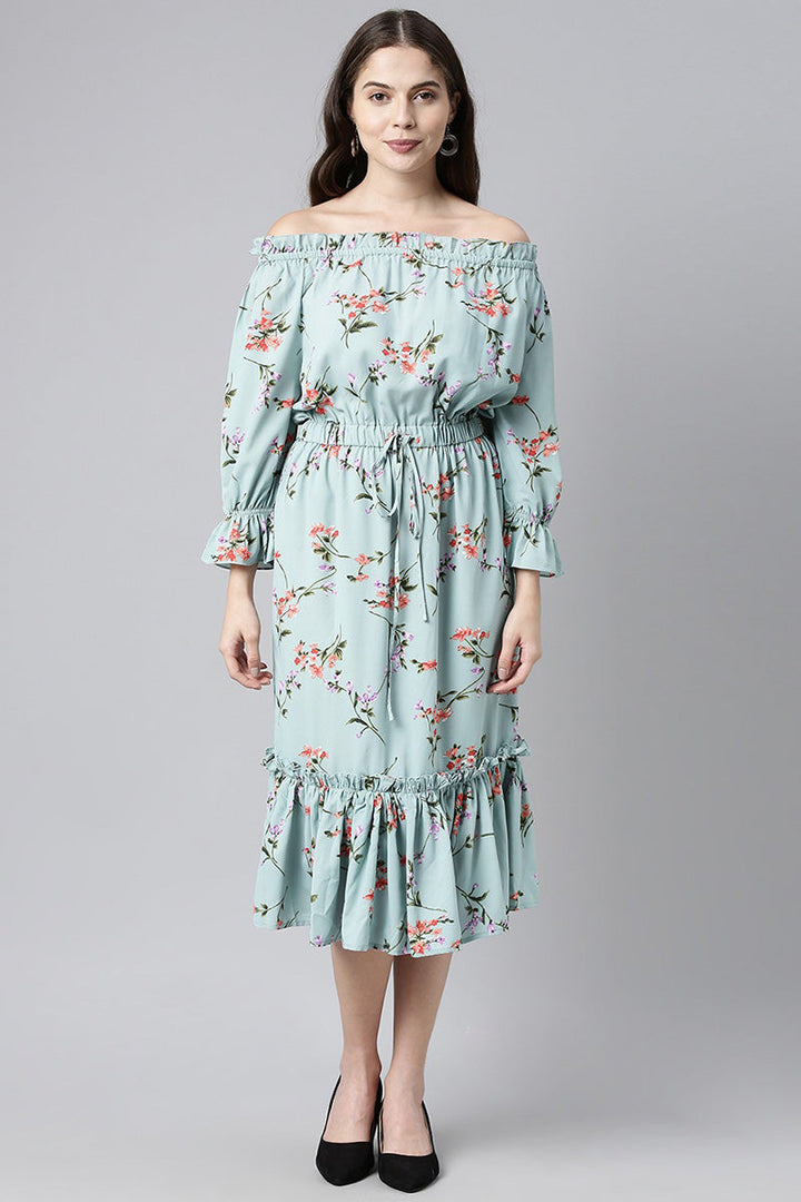 Cement Blue Crepe Floral Printed Off-Shoulder Tiered Dress