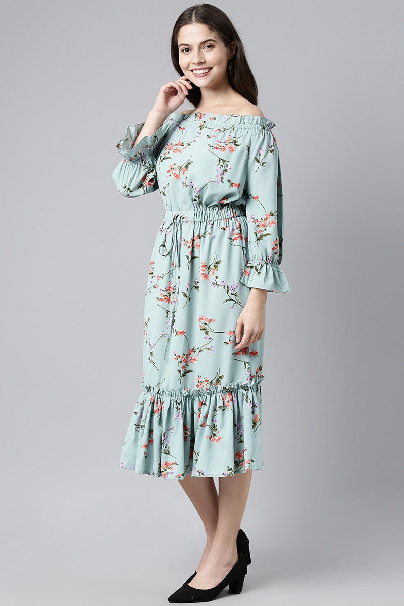 Cement Blue Crepe Floral Printed Off-Shoulder Tiered Dress