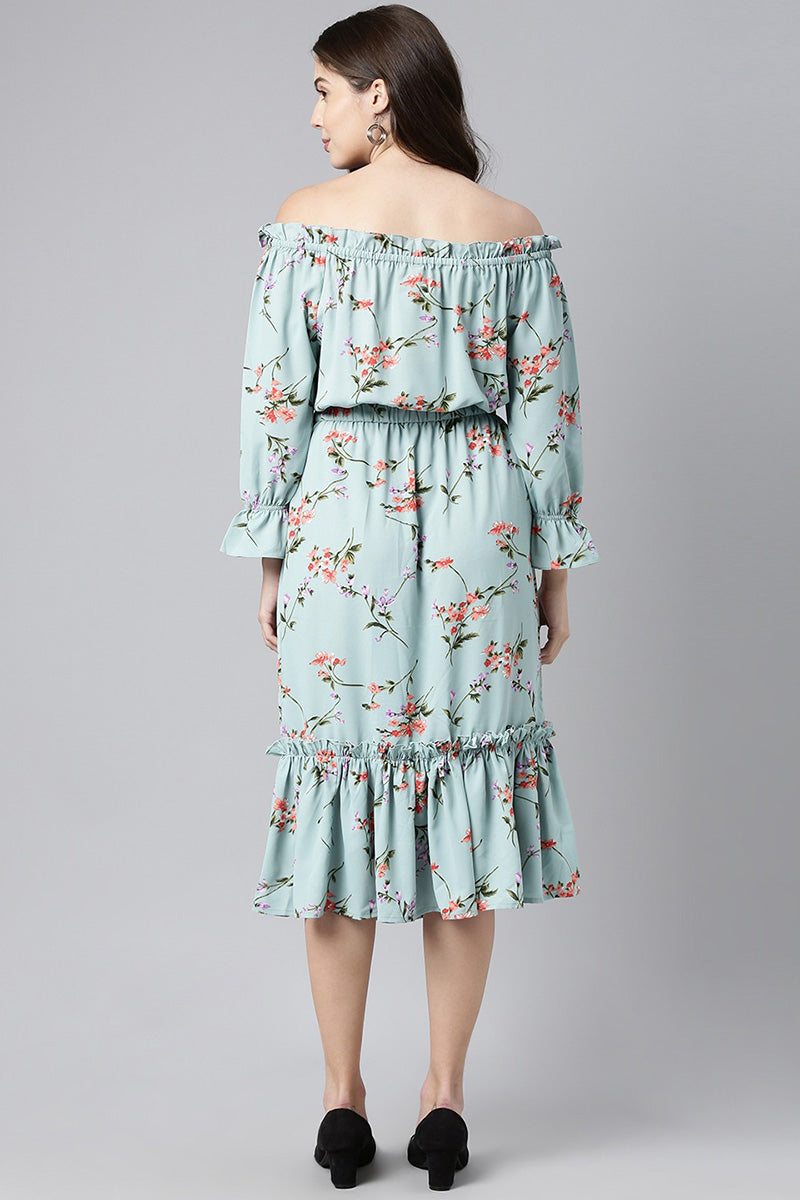 Cement Blue Crepe Floral Printed Off-Shoulder Tiered Dress