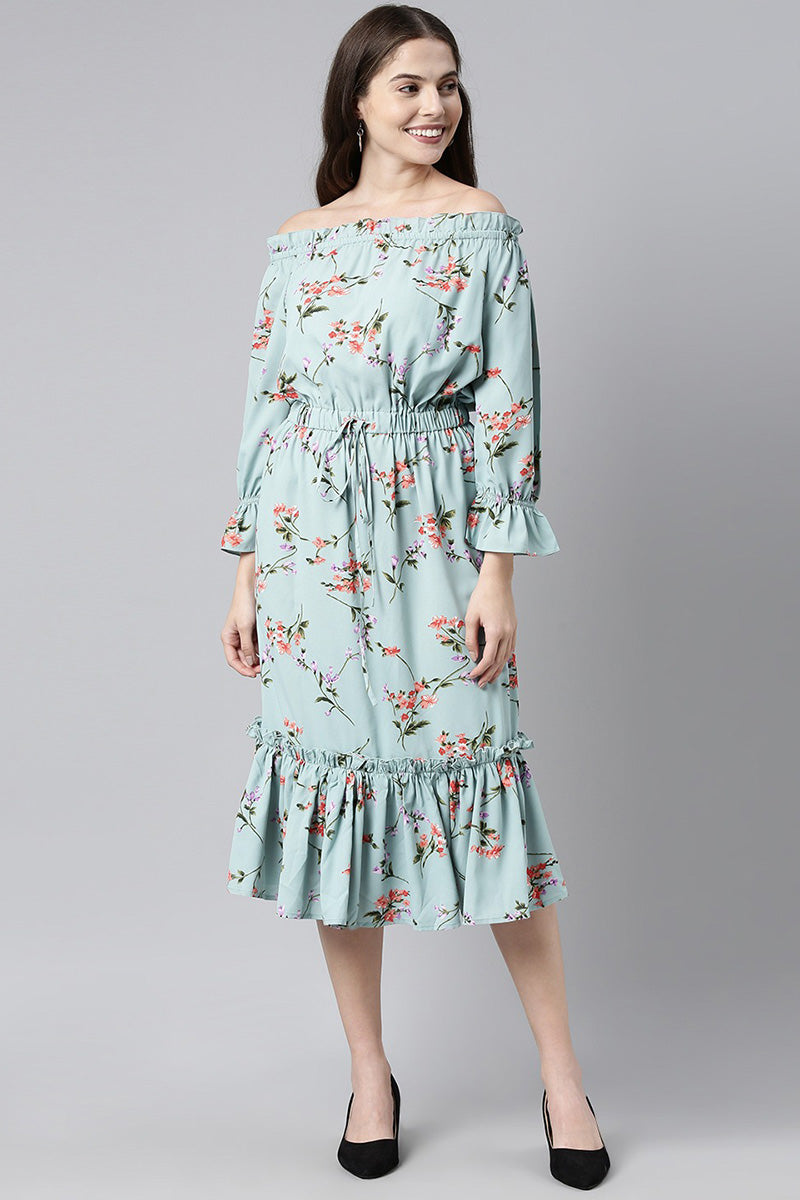 Cement Blue Crepe Floral Printed Off-Shoulder Tiered Dress