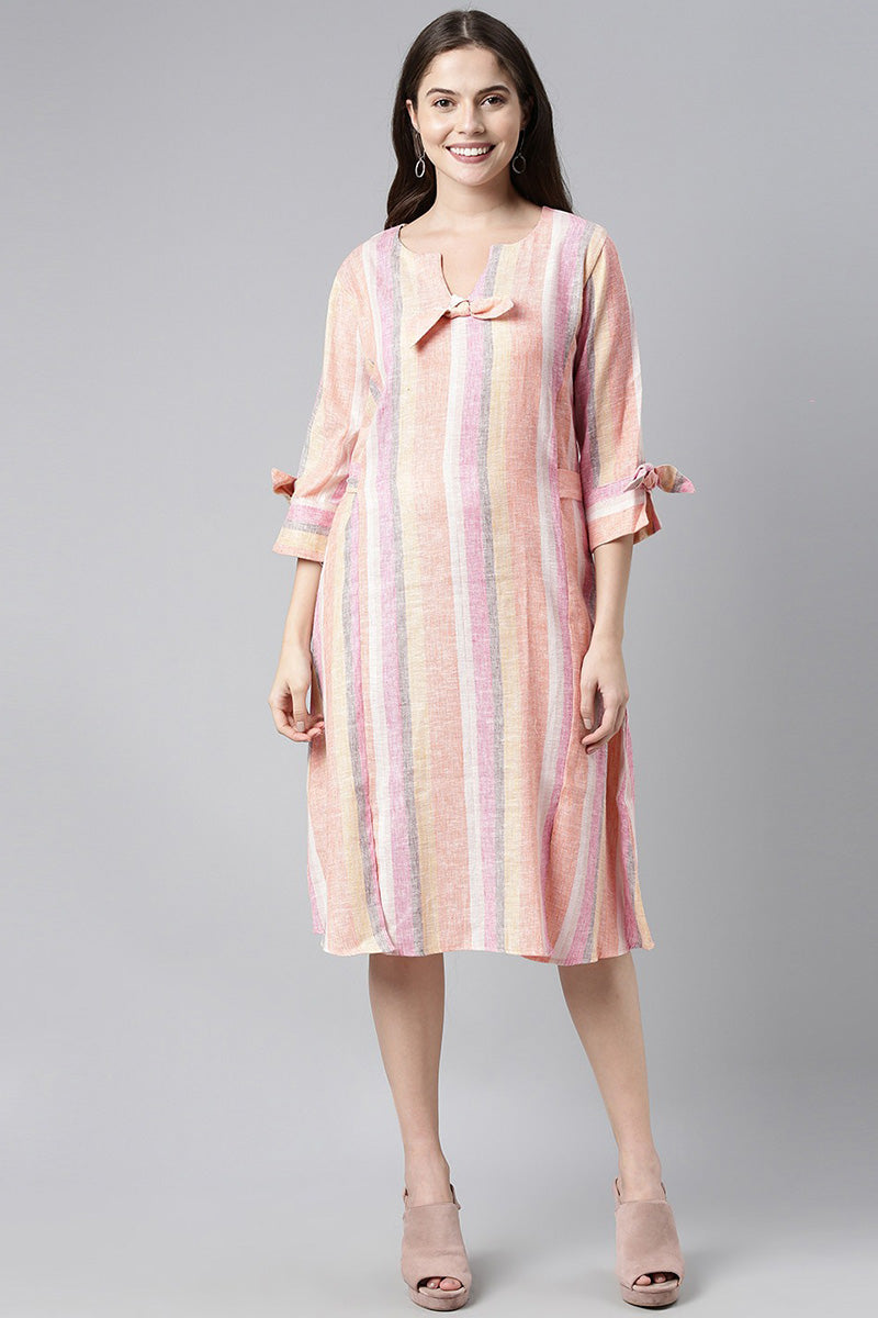 Dominating Peach Cotton Blend Striped Printed Dress