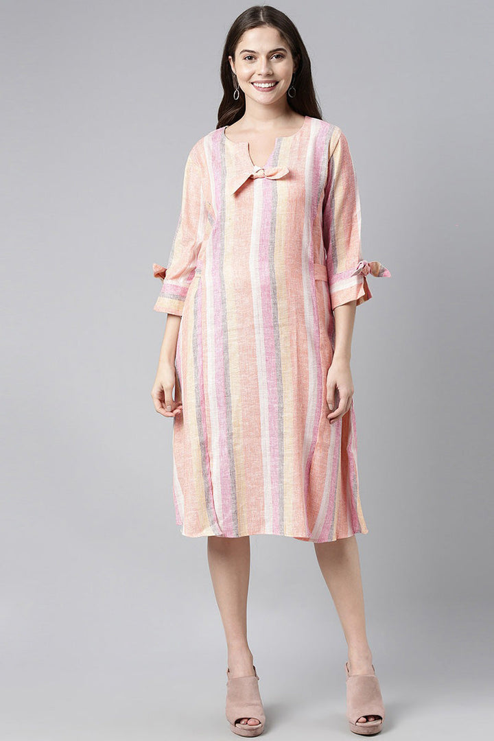ZERESOUQ-Dominating-Peach-Cotton-Blend-Striped-Printed-Dress