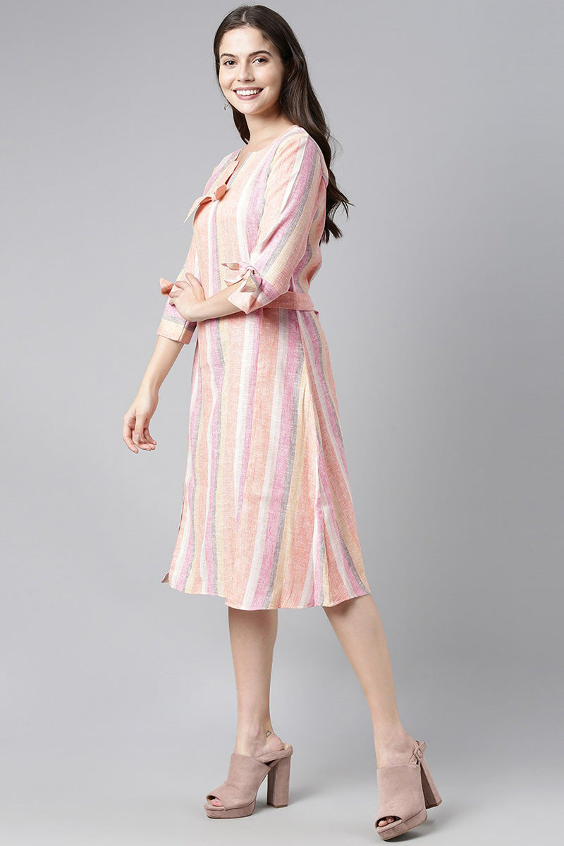 Dominating Peach Cotton Blend Striped Printed Dress