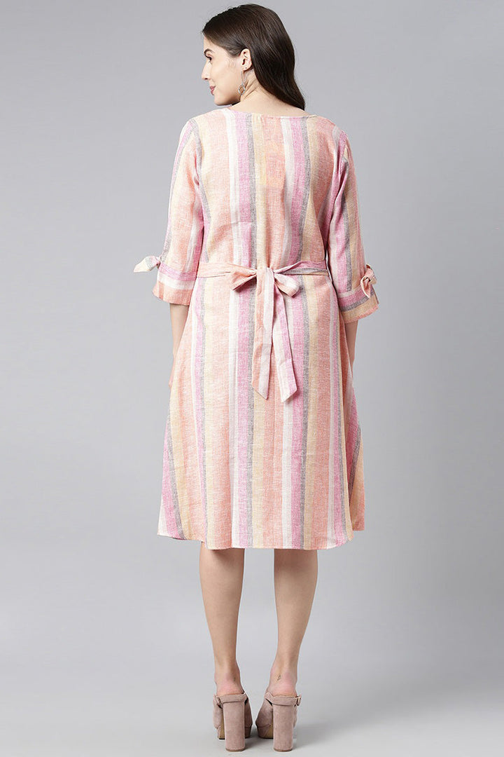 ZERESOUQ-Dominating-Peach-Cotton-Blend-Striped-Printed-Dress