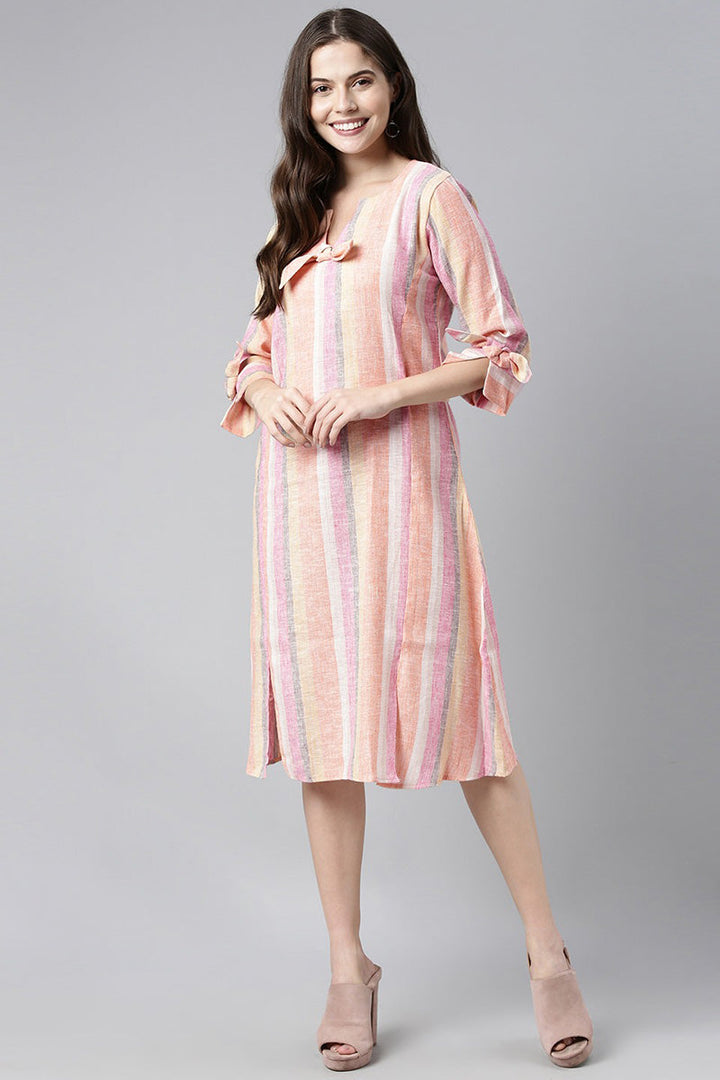 ZERESOUQ-Dominating-Peach-Cotton-Blend-Striped-Printed-Dress