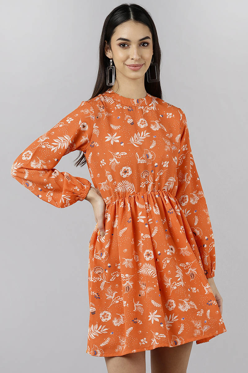 Bright Orange Polyester Floral Printed Short Dress