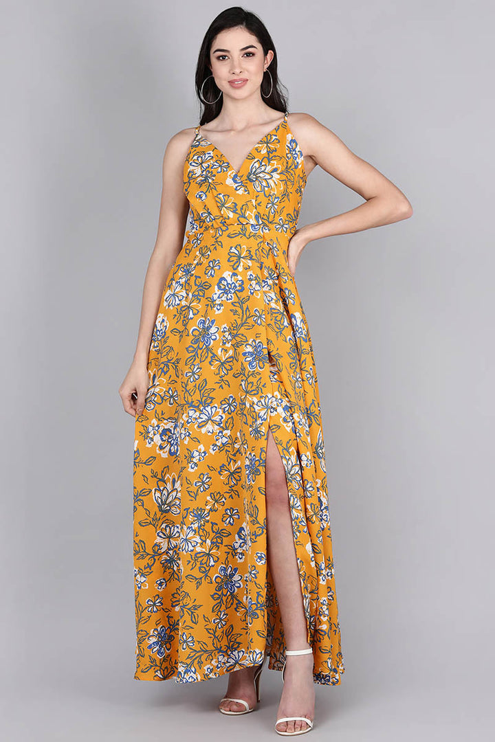 Mustard Polyester Printed Strappy Dress with Front Leg Slit