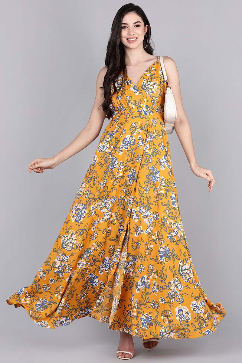 Mustard Polyester Printed Strappy Dress with Front Leg Slit