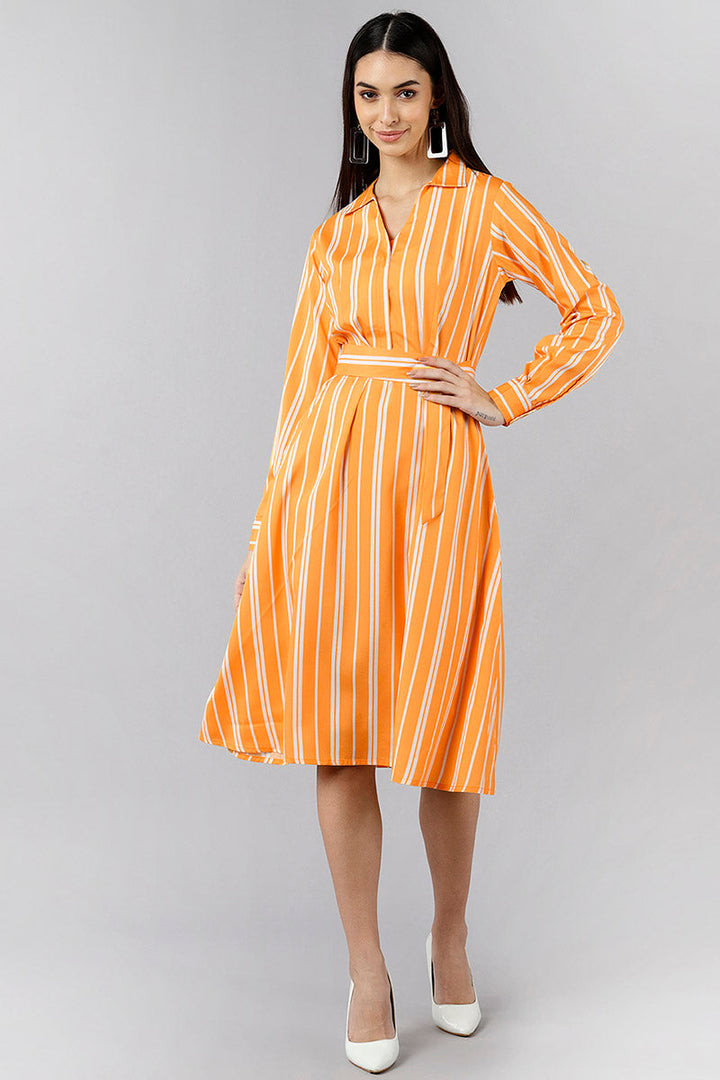 Orange & White Polyester Striped Printed Corporate Dress