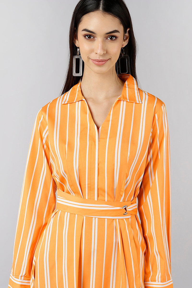 Orange & White Polyester Striped Printed Corporate Dress