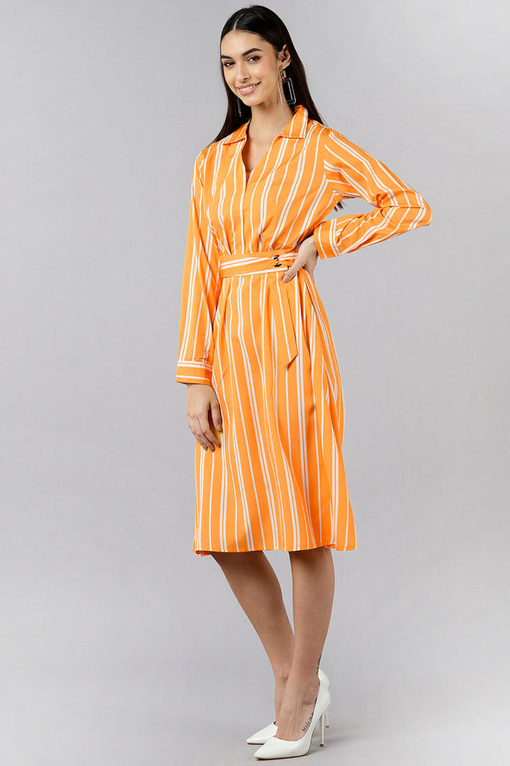 Orange & White Polyester Striped Printed Corporate Dress