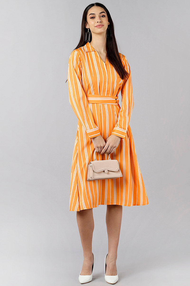 Orange & White Polyester Striped Printed Corporate Dress